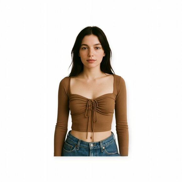 Brown Split Sleeve Keyhole Top by Pretty Garbage S - Picture 14 of 14